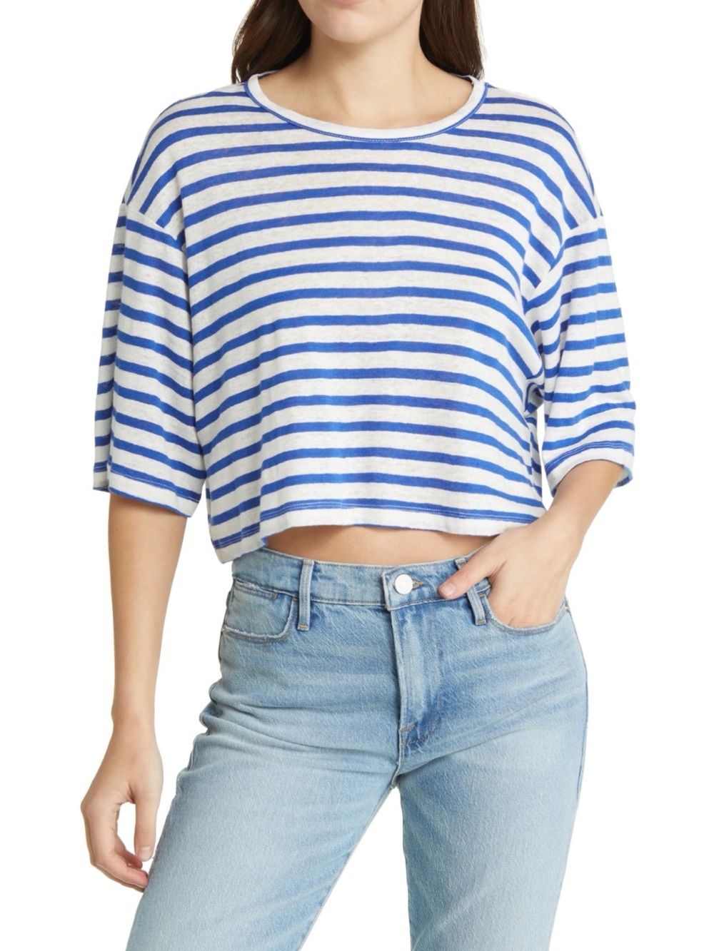 Frame Denim Organic Linen Striped Cropped Tee